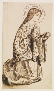 Launcelot ved den hellige grals helligdom - Studie til Den hellige grals engel af Dante Gabriel Rossetti