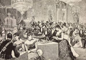 Buffetlokale, Hofbal i Quirinale, Rom, Italien, gravering fra tegning af Dante Paolocci, fra L