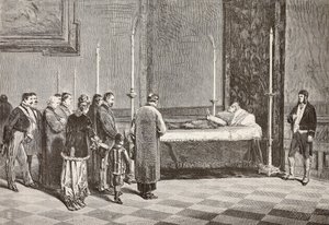 Kardinal Giacomo Antonellis lig liggende i tilstand i et af rummene i Vatikanet, gravering fra en tegning af Dante Paolocci fra L