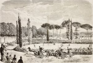 Vogneløb i Villa Borghese, Rom, Italien, gravering fra tegning af Dante Paolocci fra L
