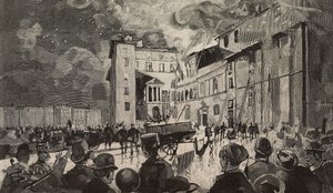 Brand af israelske skoler i 1893, Rom, Italien, gravering efter tegning af Dante Paolocci, fra L