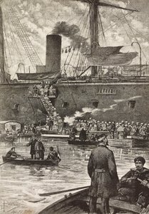 Italienske soldater går ombord på slagskibet Principe Amedeo, italiensk ekspedition i Rødehavet, Napoli, Italien, gravering fra tegning af Dante Paolocci, fra L