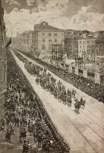 Kuningas palaa Quirinaliin Dogali-monumentin vihkimisen jälkeen, Rooma, Italia, kaiverrus Dante Paoloccin piirroksesta, L