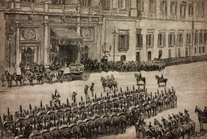 Åbning af Parlamentet, ankomst af kong Umberto I til Montecitorio, Rom, Italien, gravering fra tegning af Dante Paolocci, L