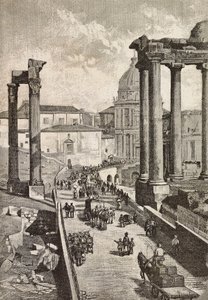 Passage gennem Forum, Rom, Italien, gravering fra tegning af Dante Paolocci, fra L