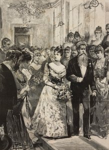 Dronning Margherita af Savoyen til fest i den kunstneriske klub (Circolo Artistico) i Rom, ledsaget af billedhugger Giulio Monteverde, Italien, gravering efter tegning af Dante Paolocci, fra L