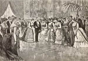 Umberto I (1844-1900), konge af Italien, og hans kone Margherita af Savoyen (1851-1926) ved bal i Quirinal Palace, Rom, Italien, gravering fra tegning af Dante Paolocci, fra L