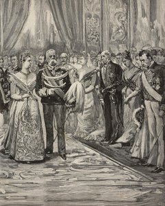 Umberto I og Margherita af Savoyen til koncert i anledning af deres sølvbryllup, Palazzo del Quirinale, Rom, Italien, gravering efter tegning af Dante Paolocci, fra L