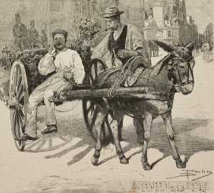 Vandsælger (acquarolo), der sælger vand fra Acetosa-fontænen i gaderne i Rom, Italien, gravering efter tegning af Dante Paolocci, fra L