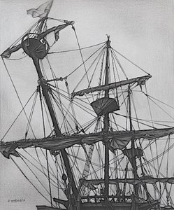 Ghostly Galleon, 2017 (blyant, blæk på papir) af Darrell Windjack