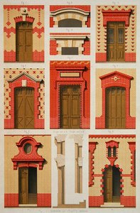 Tegninger af fremspring og gavle i mursten, illustration fra "La Brique Ordinaire" af J. Lacroux, Editions Ducher af Daumont Daumont