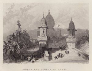 Ghaut og templet ved Gokul (farve litho) af David (after) Roberts