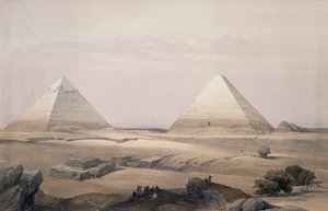 Pyramiderne i Giza, gravering fra tegning af David Roberts (1796-1864), fra Egypten og Nubien