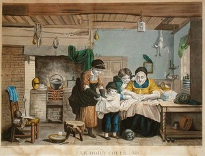 The Cut Finger, graveret af Joly, ca. 1830-40 (farvet gravering) af David (after) Wilkie