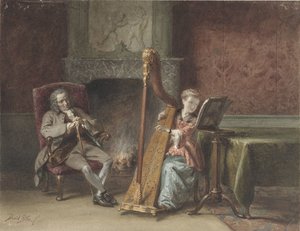 Interiør med en pige, der spiller på harpe, og en herre i en stol, der ser på