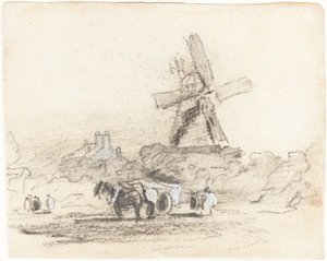 En vogn med to heste nær en vindmølle af David Cox