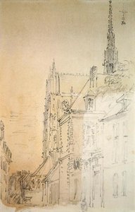 En katedral i en gade (kridt og vask på papir) af David Cox