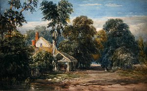 Et sommerhus og byre ved kanten af en skov af David Cox