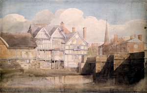 Gamle huse og Wye Bridge, Hereford, 1820 af David Cox