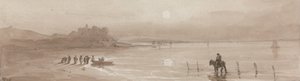 Havkyst, solnedgang med Harlech Castle af David Cox