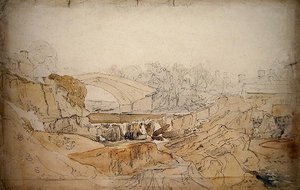 The Bridge at Rhayader (blyant og akvarel på papir) af David Cox