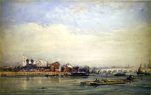 Westminster og Themsen fra Battersea Shore (akvarel på papir) af David Cox