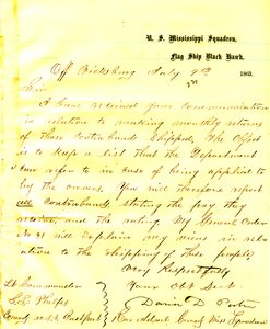 Brev fra David D. Porter, U.S.S. Black Hawk, ud for Vicksburg, til Seth Ledyard Phelps, der befalede USA Eastport, 9. juli 1863 af David D. Porter
