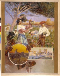 Aigues Mortes (Aigues-Mortes), Arles, Camargue: en ung kvinde viser en smuk klase druer, hun lige har plukket fra en vingård. David Dellepiane (1866-1932), pointillisme. Obligatorisk omtale: Collection fondation regards de Provence, Marseille (cm 1