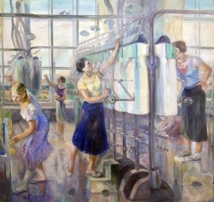 Le plan quinquennal - Kvindeværksted på Sevkabelfabrikken par Zagoskin, David Efimovich (1890-1942). Olie på lærred, størrelse: 200x215 af David Efimovich Zagoskin