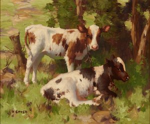 Kalve i et sommerlandskab (olie på lærred) af David Gauld