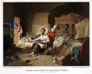 Præsident Lincoln, der skriver Frihedserklæringen, 1. januar 1863, pub. 1864