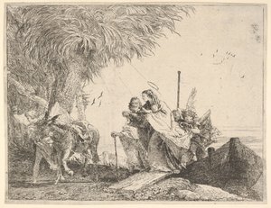 Maria, hjulpet af Josef og en engel, træder fra en båd til kysten, en engel holder fast ..., 1753. af David Giovanni