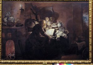 Alkymisten i sit studie. Maleri af David Ryckaert III (Rijckaert) (1612 - 1661) Ec. Flam.