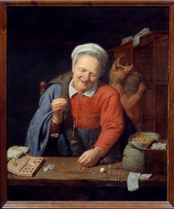 Guldvægteren. En gammel kvinde med en lille vægt vejer guldstykkerne, mens en mand med ornehoved i bunden gemmer poser i skabet. Maleri af David III Ryckaert (1612-1661) Ec. Flam.