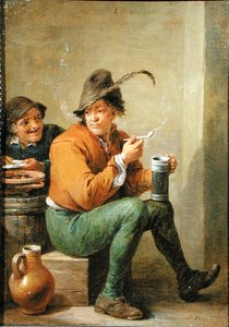 En bonde holder en stentøjskande og et lerrør (olie på panel) af David III Teniers