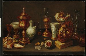 Stilleben med skaller, med nautilus, vaser, glas og koralgrene af David II Ryckaert