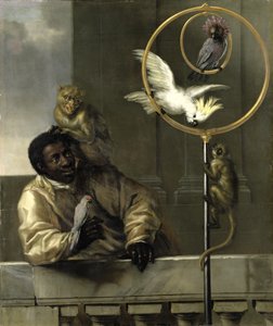 Sort mand med papegøjer og aber, 1670