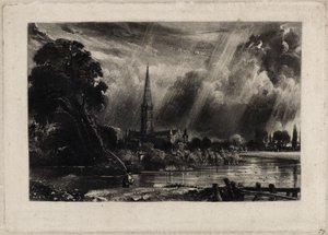 Salisbury Cathedral, ca. 1832 (mezzotint med hvidt kridt på lagt papir) af David Lucas