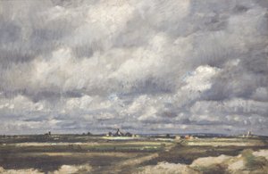 Storm over vidtstrakt land (Olie på lærred)
