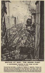 Et slagskib, der indtager oliebrændstof til søs, 1. verdenskrig (litografi) af David Muirhead Bone