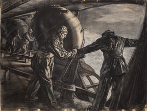 Studie til vinterminelægning ud for Island, ca. 1942 (kul og farvet kridt på papir) af David Muirhead Bone