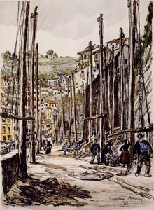 Kaninfiskerne, Cudillero, Asturiens kyst af David Muirhead Bone