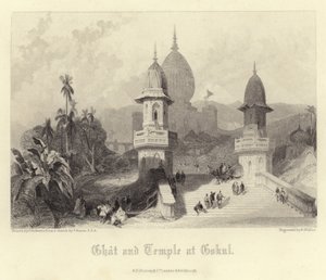Ghat og tempel ved Gokul af David Roberts