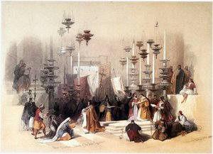 I det hellige land: Jerusalem, Den Hellige Gravs Kirke, Salvningsstenen ... af David Roberts