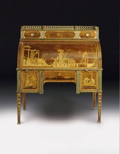 Mekanisk cylinder bureau, beslagene tilskrevet Francois Redmond, ca. 1777-80 (ormolu-monteret, messing-indlagt amboyna, tulipantræ, bejdset platan og marquetry) (se også 486603)