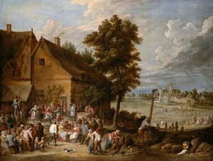 Et festmåltid ved høsttid med Drij Torens hus i baggrunden af David Teniers the Younger