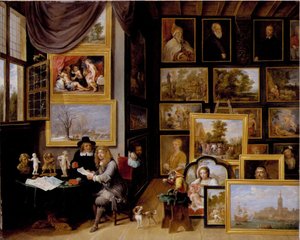 Et billedgalleri med to mænd, der undersøger et segl og en rødkridttegning, og en abe, der er til stede af David Teniers the Younger