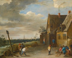 Spil med ni kegler med udsigt over Antwerpen af David Teniers the Younger