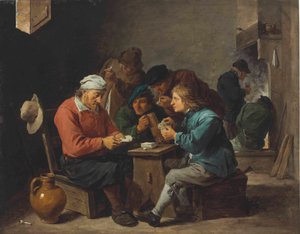 Bønder spiller kort i et interiør af David Teniers the Younger