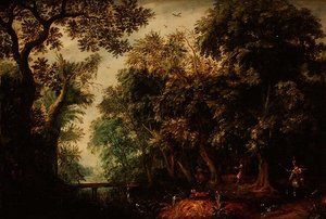 En hjortejagt i en skov af David Vinckboons